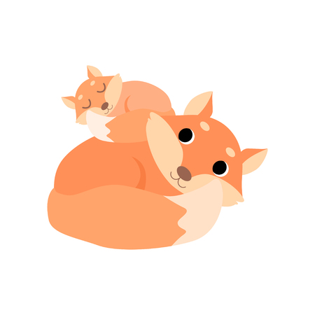 Mother and Baby Fox, Cute Forest Animal Family Vector Illustration on White Background.のイラスト素材
