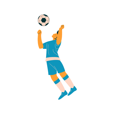 Soccer Player with Ball, Male Footballer Character in Blue Sports Uniform Vector Illustration on White Background.のイラスト素材