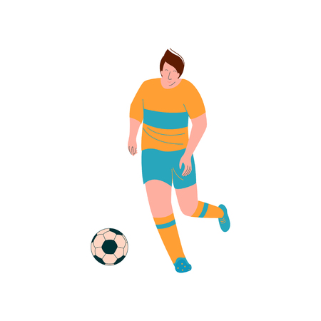 Male Soccer Player Playing Soccer, Footballer Character in Sports Uniform Vector Illustration on White Background.のイラスト素材