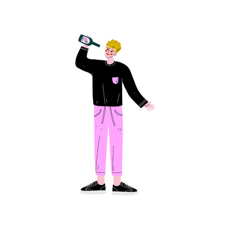Young Man Drinking Beer, Drunk Guy in Casual Clothes with Bottle of Alcohol Drink Vector Illustration on White Background.のイラスト素材