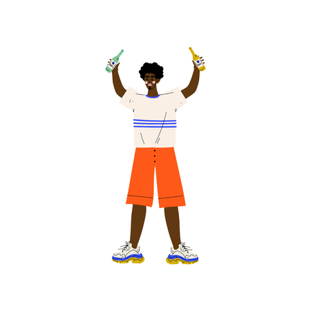 Young African American Man in Casual Clothes Holding Two Bottles of Alcohol Drink Vector Illustration on White Background.のイラスト素材