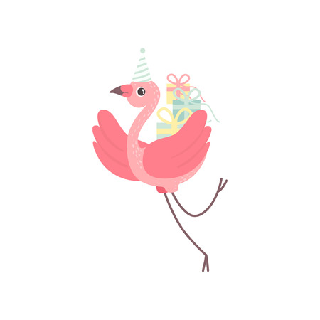 Cute Flamingo Wearing Party Hat Flying with Gift Boxes, Beautiful Exotic Bird Character Vector Illustration on White Background.のイラスト素材