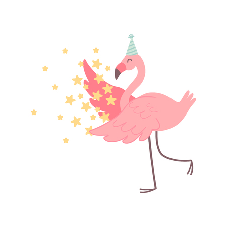 Cute Flamingo Wearing Party Hat with Stars, Beautiful Exotic Bird Character Vector Illustration on White Background.のイラスト素材