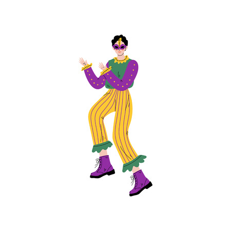 Man in Bright Mardi Gras Costume and Mask Celebrating Carnival Party Vector Illustration on White Background.のイラスト素材