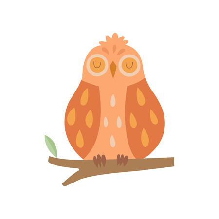 Cute Owl Bird Sleeping on Branch Vector Illustration on White Background.のイラスト素材