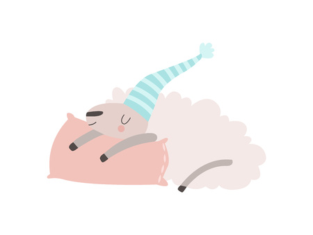 Cute Sheep Animal Sleeping on Pillow Vector Illustration on White Background.のイラスト素材