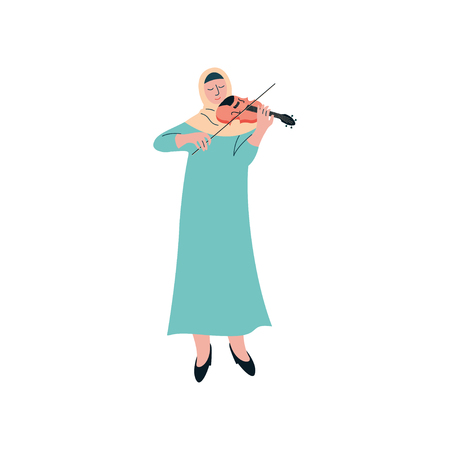 Muslim Woman in Hijab Playing Violin, Female Arab Musician Character in Traditional Clothing Vector Illustrationのイラスト素材