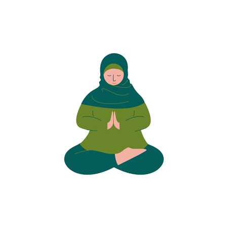 Muslim Woman in Hijab Sitting with Crossed Feet and Praying, Modern Arab Girl Character in Traditional Clothing Vector Illustrationのイラスト素材