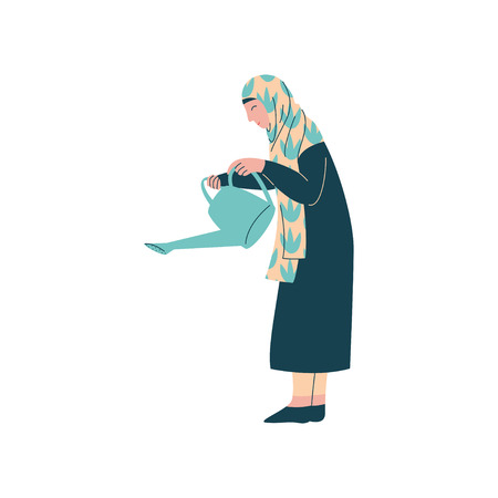 Muslim Woman in Hijab with Watering Can, Modern Arab Girl Character in Traditional Clothing Vector Illustrationのイラスト素材