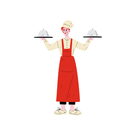 Male Chef Holding Platter Cloches, Hotel Staff Character in Uniform Vector Illustration on White Background.のイラスト素材