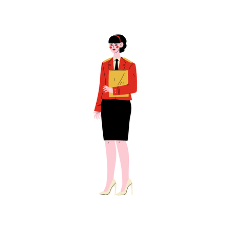 Female Hotel Manager Standing with Clipboard, Hotel Staff Character in Red Uniform Vector Illustration on White Background.のイラスト素材