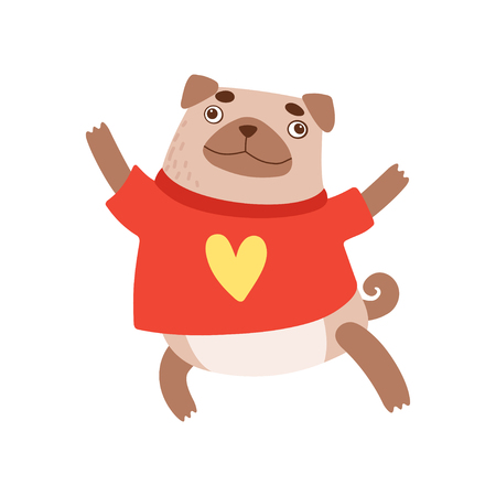 Cute Pug Dog Wearing Red Shirt, Funny Friendly Animal Pet Character Vector Illustrationのイラスト素材