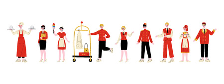 Hotel Staff Characters Set, Chef, Manager, Maid, Bellhop, Receptionist, Concierge, Waitress, Doorman in Red Uniform Vector Illustration on White Backgroundのイラスト素材