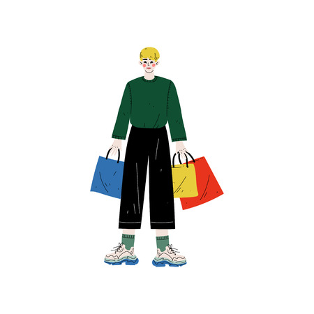 Young Man in Trendy Clothes Standing with Shopping Bags, Guy Purchasing at Store, Mall or Shop Vector Illustration on White Background.のイラスト素材