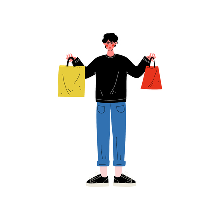 Young Man in Casual Clothes Standing with Shopping Bags, Guy Purchasing, Seasonal Sale at Store, Mall, Shop Vector Illustration on White Background.のイラスト素材