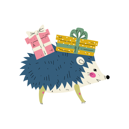 Cute Hedgehog Wearing Party Hat with Gift Boxes, Cute Animal Character for Happy Birthday Design Vector Illustration on White Background.のイラスト素材