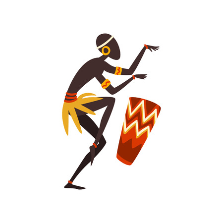 African Man Dancing and Playing Drum, Aboriginal Dancer in Bright Ornamented Ethnic Clothing Vector Illustration on White Background.のイラスト素材