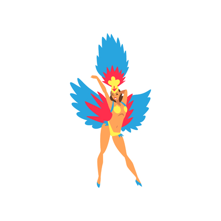 Beautiful Young Woman in Colorful Festival Costume, Brazilian Samba Dancer, Rio de Janeiro Carnival Vector Illustration on White Background.のイラスト素材