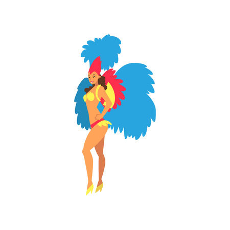 Smiling Young Woman in Colorful Festival Costume, Female Brazilian Samba Dancer, Rio de Janeiro Carnival Vector Illustration on White Background.のイラスト素材