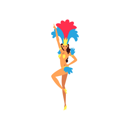 Girl Wearing Colorful Festival Costume Dancing, Brazilian Samba Dancer, Rio de Janeiro Carnival Vector Illustration on White Background.のイラスト素材