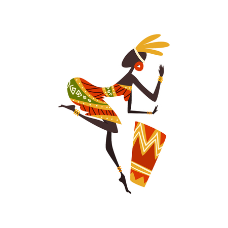 African Woman Dancing and Playing Drum, Female Aboriginal Dancer in Traditional Ethnic Clothing Vector Illustration on White Background.のイラスト素材