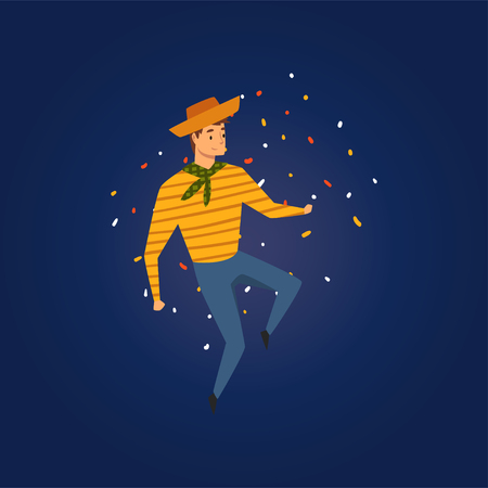 Festa Junina, Traditional Brazil June Festival, Young Man in Cowboy Hat Dancing at Folklore Party Vector Illustration in Flat Styleのイラスト素材