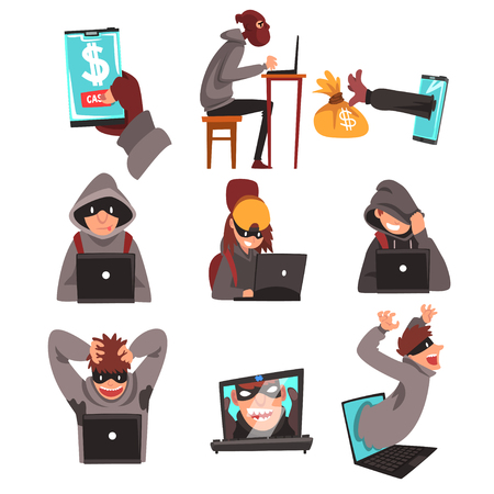 Hackers in Disguise Stealing Information and Money Using Laptop Set, Internet Crime, Computer Security Technology Cartoon Vector Illustration on White Background.のイラスト素材