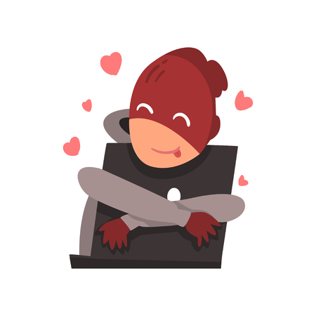 Hacker in Mask Hugging Laptop, Internet Crime, Computer Security Technology Cartoon Vector Illustrationのイラスト素材