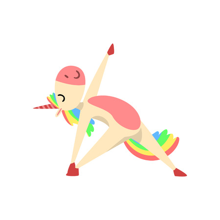 Funny Unicorn in Triangle Position, Fantasy Beautiful Horse Character with Rainbow Mane and Tail Practicing Yoga Exercise Vector Illustrationのイラスト素材