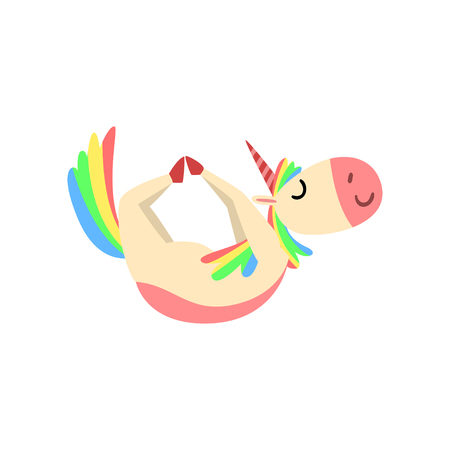 Funny Unicorn in Bow Position, Fantasy Beautiful Horse Character with Rainbow Mane and Tail Practicing Yoga Exercise Vector Illustration on White Background.のイラスト素材