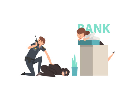 Bank Robbery, Police Man Caught Criminal, Police Officer Arrested Robber Vector Illustration on White Background.のイラスト素材
