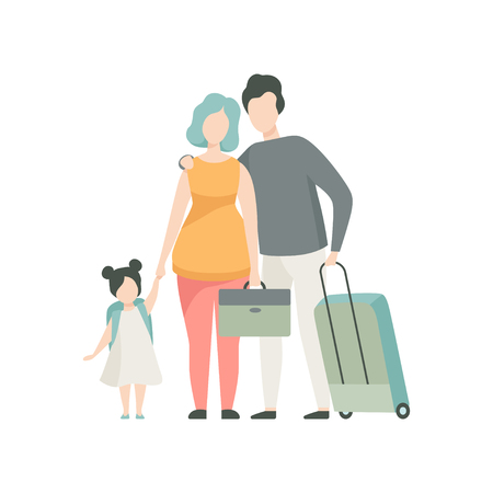 Family Travelling Together, Father, Mother and Daughter Standing with Suitcase Illustrationのイラスト素材