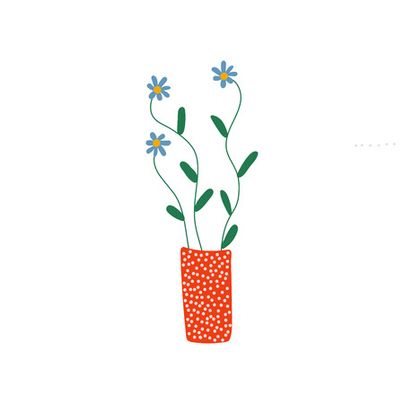Beautiful Blue Spring or Summer Flowers in Red Vase, Bouquet of Fresh Flowers Vector Illustration on White Background.のイラスト素材