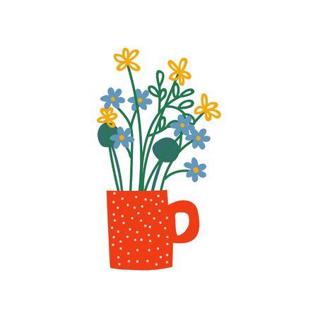 Spring or Summer Meadow Flowers in Red Mug, Beautiful Bouquet of Fresh Flowers Vector Illustration on White Background.のイラスト素材