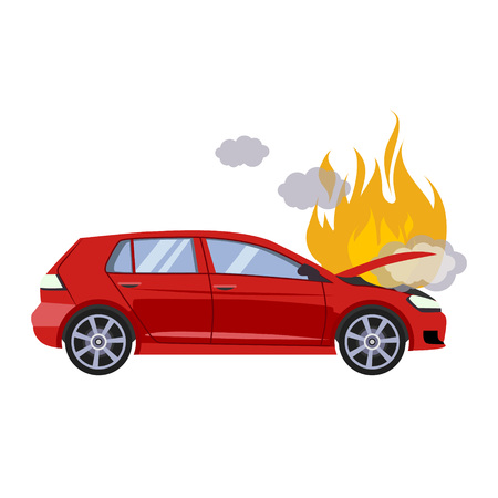 The broken hood of the red car is covered with fire and smoke. Flat style vector illustration isolated on gray background.