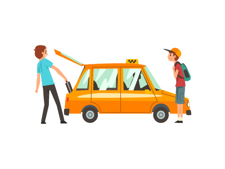 Taxi Service, People Catching Car, Young Man Putting Luggage in Trunk Cartoon Vector Illustration on White Background.のイラスト素材