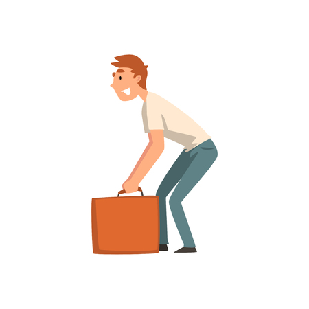 Young Man Carrying Heavy Suitcase, Guy Traveling on Vacation Vector Illustration on White Background.のイラスト素材