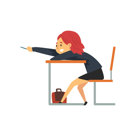 Smiling Female Student Lying on Desk in Classroom, Side View, Schoolgirl in Uniform Studying at School, College Vector Illustration on White Background.のイラスト素材