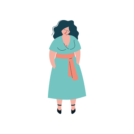 Attractive Brunette Curvy Girl in Fashion Dress, Beautiful Plus Size Plump Woman Vector Illustration on White Background.のイラスト素材