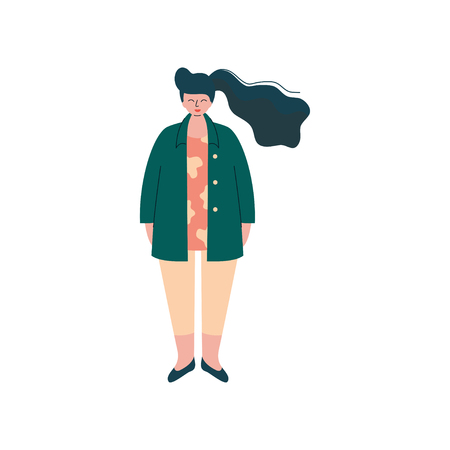 Brunette Curvy Girl in Fashion Trendy Clothes, Beautiful Plus Size Plump Woman Vector Illustration on White Background.のイラスト素材