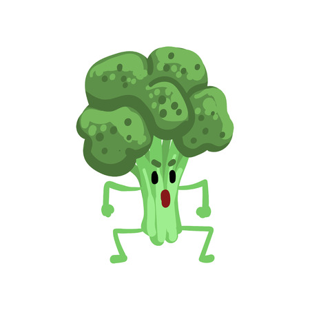 Angry Broccoli Vegetable Character with Funny Face Vector Illustration on White Background.のイラスト素材
