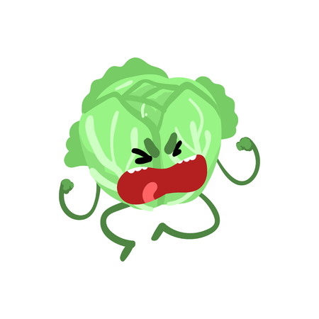 Grumpy abbage, Cute Vegetable Character with Funny Face Vector Illustration on White Background.のイラスト素材