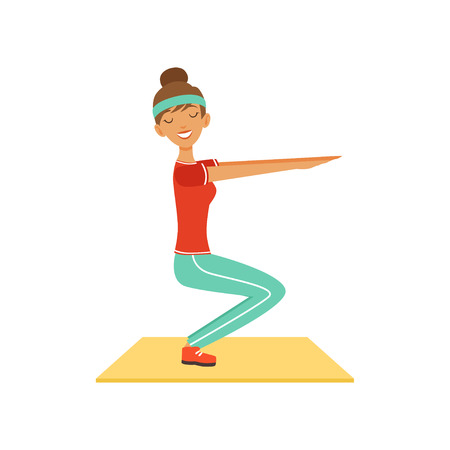 Sportive young woman character doing squats, girl working out in the fitness club or gym colorful vector Illustration isolated on a white backgroundのイラスト素材