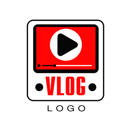 Vector for information video channel or vlog. Creative emblem with screen, play button and timeline. Live stream icon. Concept of web television or online broadcastのイラスト素材