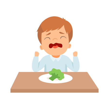 Crying Little Boy Refusing to Eat Broccoli, Kid Does Not Like Healthy Food Vector Illustration on White Background.のイラスト素材