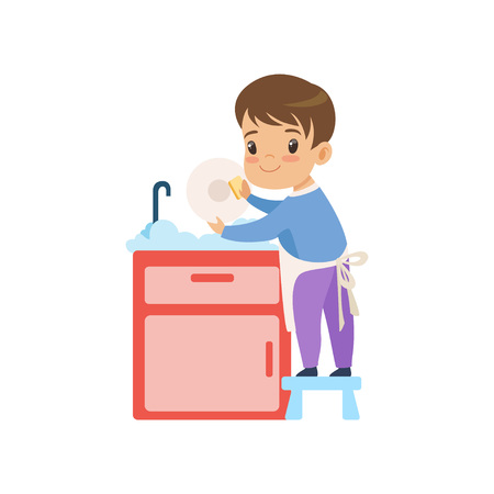 Cute Boy Washing Dishes, Kid Helping With Home Cleanup Vector Illustration on White Background.のイラスト素材