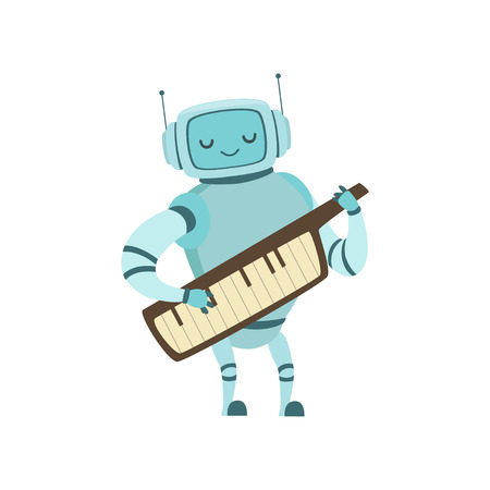 Cute Robot Musician Playing on Keytar Musical Instrument Vector Illustrationのイラスト素材