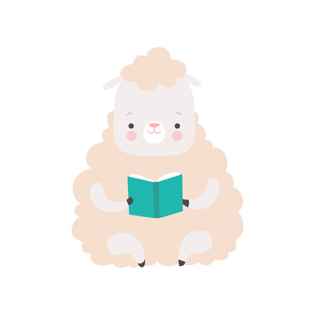 Cute Sheep Reading Book, Adorable Smart Animal Character Sitting with Book Vector Illustrationのイラスト素材