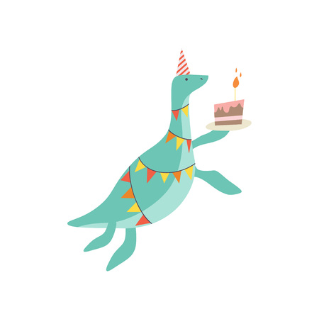 Cute Dinosaur in Party Hat with Birthday Cake, Funny Colorful Dino Character, Happy Birthday Party Design Element Vector Illustrationのイラスト素材