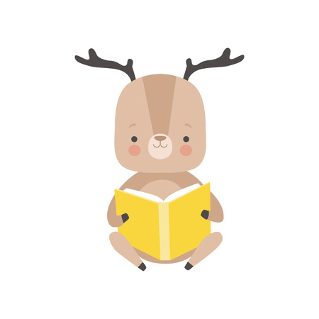 Cute Deer Reading Book, Adorable Smart Animal Character Sitting with Book Vector Illustrationのイラスト素材